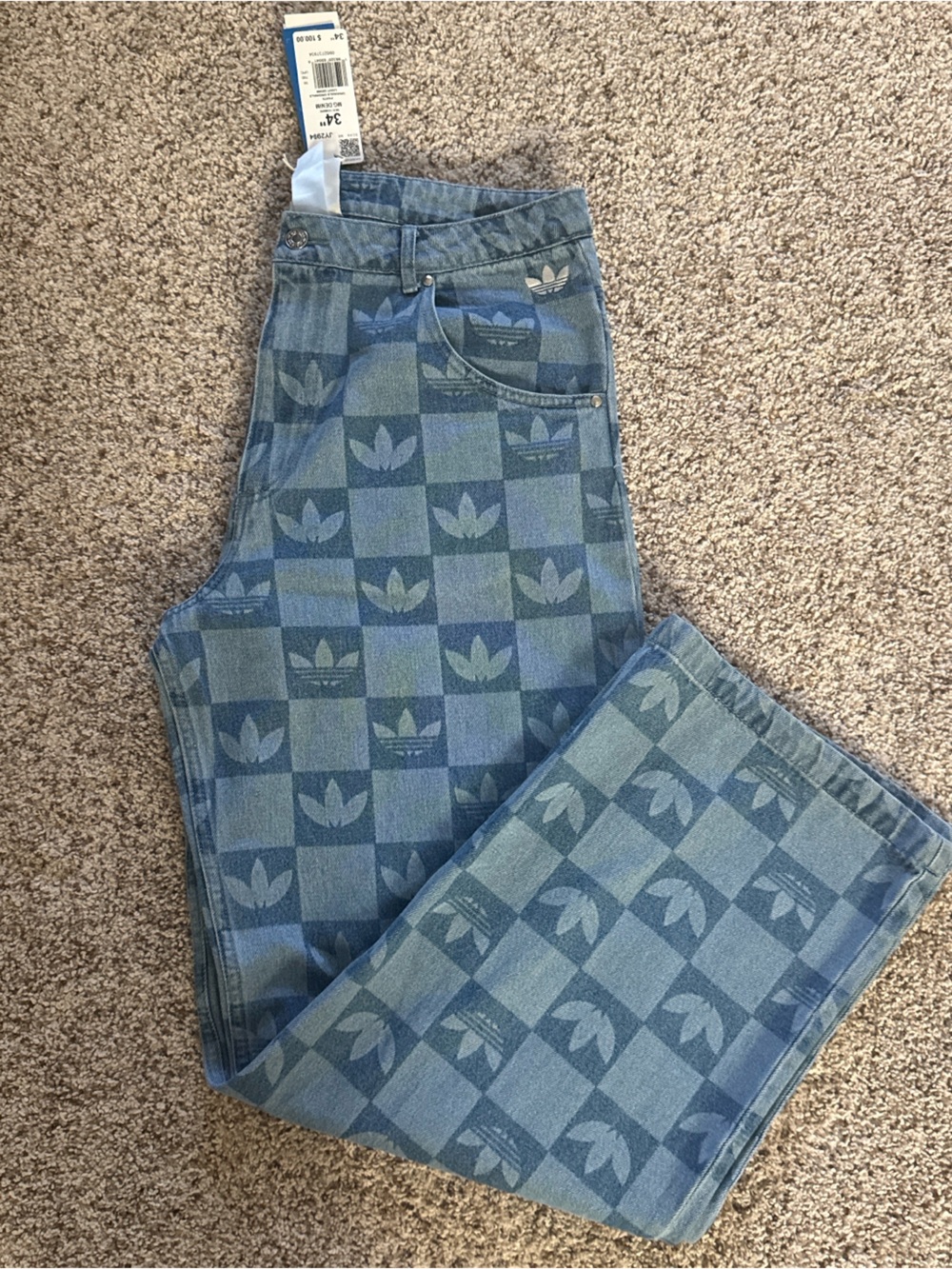 adidas Light Blue Checkerboard Trefoil Straight Jeans